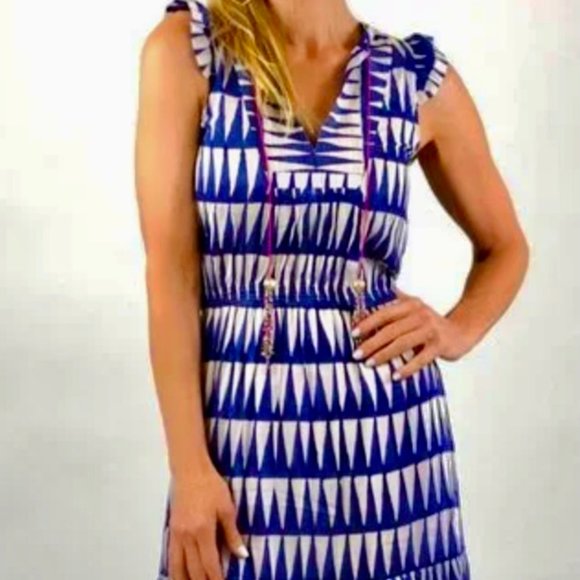 Blue and White Geometric Maxi Dress - Picture 1 of 10